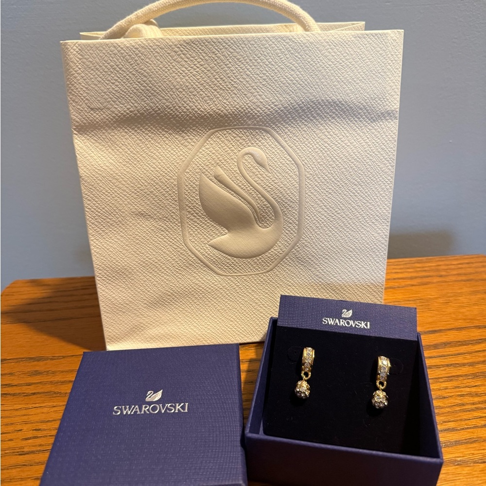 Swarovski Crystal Gold Earrings Half Hoop With Ball Drop And Pave w/ Bag